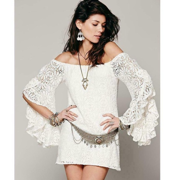 Jen's Pirate Booty Mini Dress French Lace Bardot Natural Size Medium - Picture 13 of 16